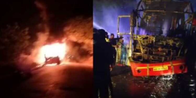 लक्झरी बसने घेतला अचानक पेट ; रावेर- सावदा रस्त्यावरील घटना