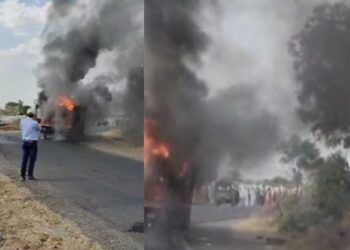 नाशिकमध्ये पुन्हा बसला भीषण आग ; बस पूर्णत: जळून खाक