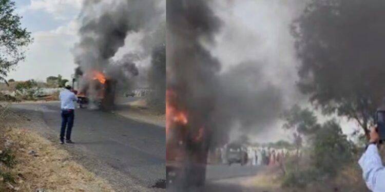 नाशिकमध्ये पुन्हा बसला भीषण आग ; बस पूर्णत: जळून खाक