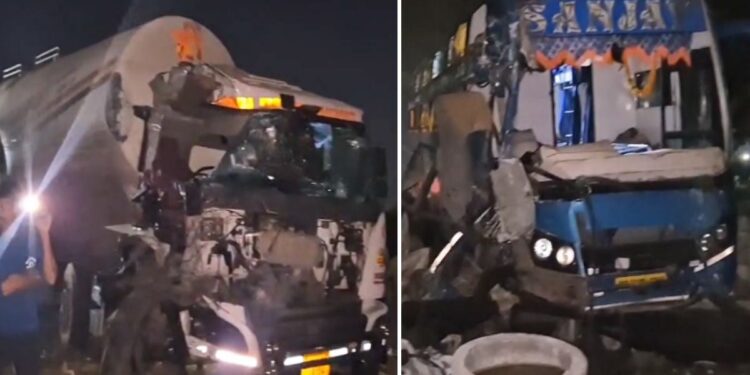 लक्झरी बस व टँकरमध्ये समोरासमोर धडक; एक ठार, सात ते आठ जण जखमी