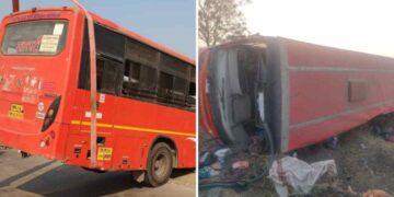 भीषण ! सहलीसाठी निघालेली विद्यार्थ्यांची बस उलटली; १४ विद्यार्थी जखमी