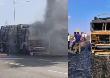 टायर फुटताच धावत्या ट्रकने घेतला पेट; चालक-क्लीनरच्या प्रसंगावधानाने मोठी दुर्घटना टळली