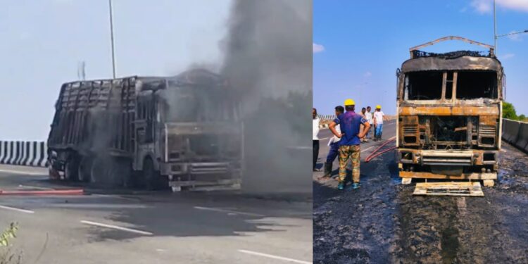 टायर फुटताच धावत्या ट्रकने घेतला पेट; चालक-क्लीनरच्या प्रसंगावधानाने मोठी दुर्घटना टळली
