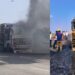 टायर फुटताच धावत्या ट्रकने घेतला पेट; चालक-क्लीनरच्या प्रसंगावधानाने मोठी दुर्घटना टळली