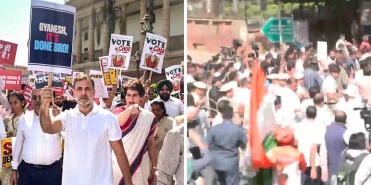 निवडणूक आयोगाविरोधातील INDIA आघाडीचा मोर्चा पोलिसांनी रोखला; राहुल गांधींसह खासदारांचे संसद मार्गावर धरणे